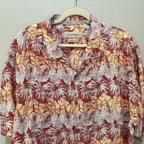 Tommy Bahama Shirt Mens XXL Orange Red Floral Hawaiian 100% Linen Short Sleeve - Picture 2 of 5